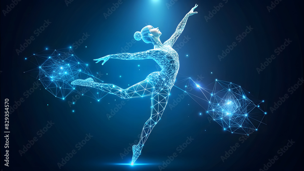 Abstract Digital Dancer Performing a Ballet Move Against Serene Blue Background. Perfect for: International Dance Day, World Ballet Day, National Dance Week.