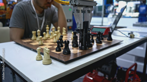 Man is playing chess with robot. Media. Man is playing chess against robot at exhibition. Artificial intelligence technologies versus humans