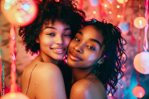 Two young women with radiant smiles enjoying a colorful and joyful celebration with vibrant lights in the background. © apratim