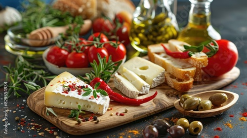 French homemade cheese platter presented with accompaniments such as tomatoes peppers herbs olive oil olives and bread on a wooden board