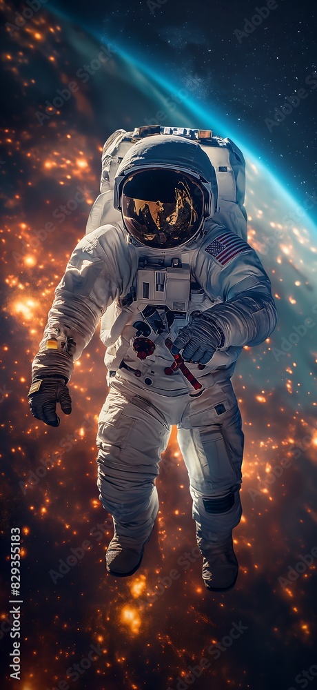 Fototapeta premium Portrait of an astronaut. Mars colonization or settlement concept. Astronaut in space suit in outer space with nebula reflection in helmet glass