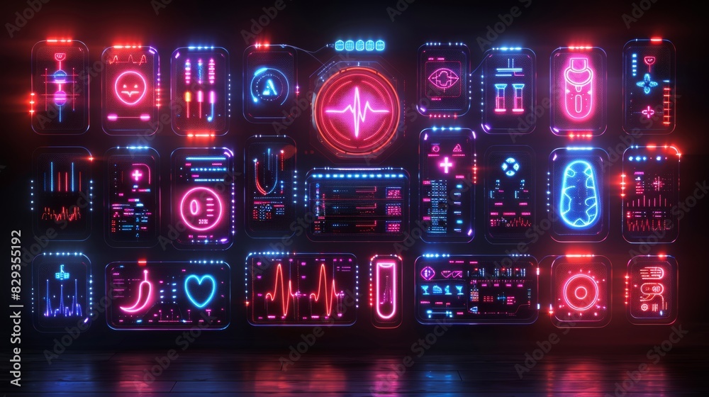 Develop a collection of neon medical documentation symbols, including shining