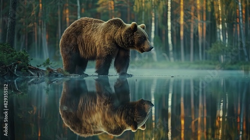 Big brown bear walking around lake in the morning light. Dangerous animal in the forest with reflection in the water. Wildlife scene from Europe