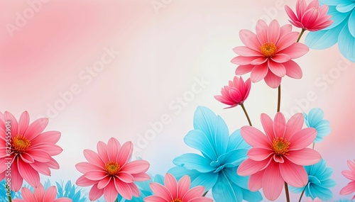 Pastel pink background, with copy space, with delicate pink and blue flowers, for the design of greeting and invitation cards, banners, promotional materials, website