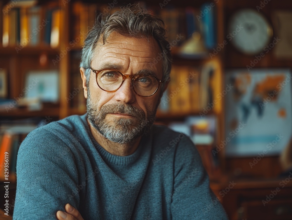 A contemplative mature man with a beard sitting in a cozy library setting, surrounded by books A contemplative mature man with a beard sitting in a cozy library setting, surrounded by books