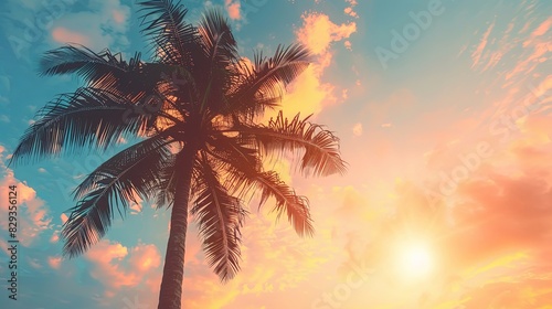Copy space of silhouette tropical palm tree with sun light on sunset sky and cloud abstract background. Summer vacation and nature travel adventure concept. Vintage tone filter effect color style