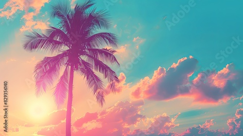 Copy space of silhouette tropical palm tree with sun light on sunset sky and cloud abstract background. Summer vacation and nature travel adventure concept. Vintage tone filter effect color style © สมชัย ้พาลแก้ว