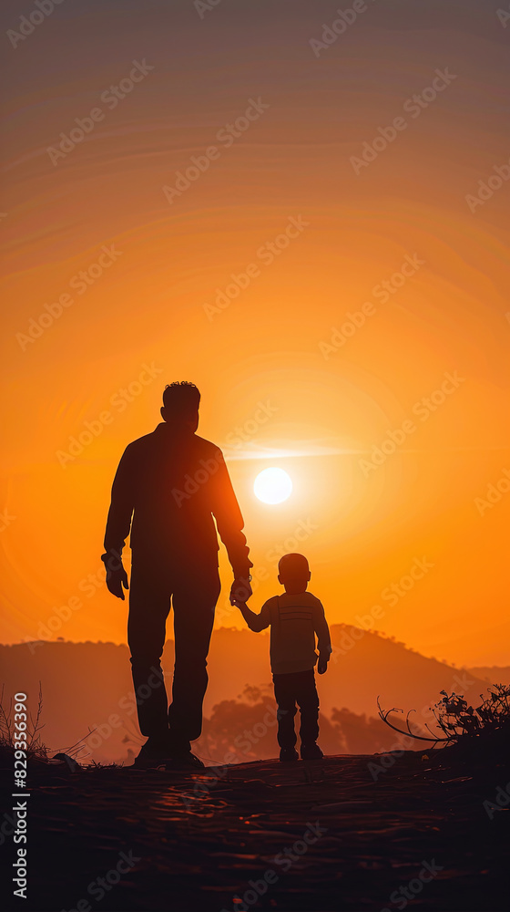 Fototapeta premium happy father's day wallpaper. father and son silhouette holding hands under sunset sky