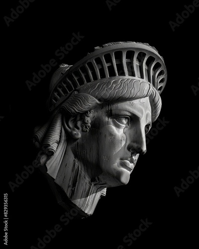 A monochrome image focusing on the intricate details of a classical bust sculpture with face blurred photo