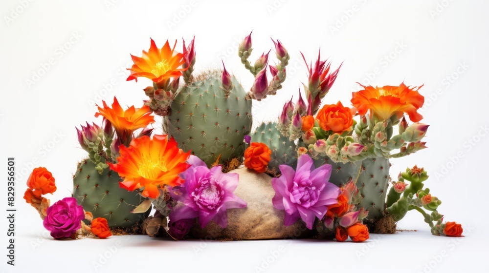 cactus with sharp spines and vibrant flowers on a white background cactus with sharp spines and vibrant flowers on a white background