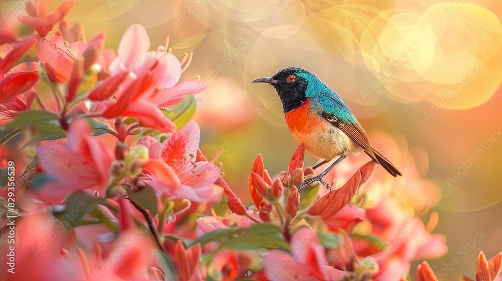 Green-tailed sunbird, beautiful bird on azalea Phohodendron