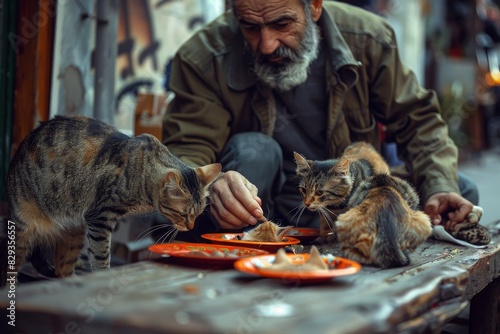 An elderly man tenderly feeding stray cats with plates on a rustic wooden table  showing compassion and care