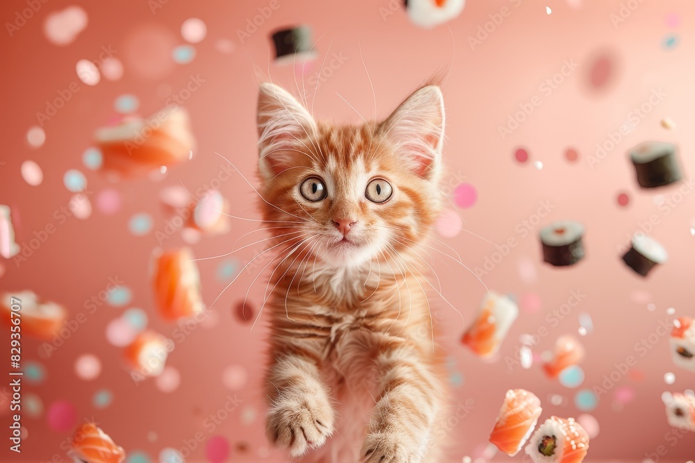 A whimsical scene unfolds with a cat floating amidst orange slices on a soft pastel backdrop