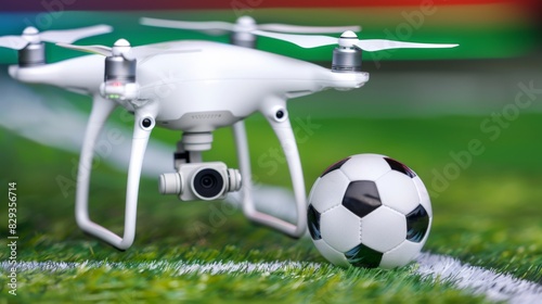 a drone flying over a soccer ball on a field