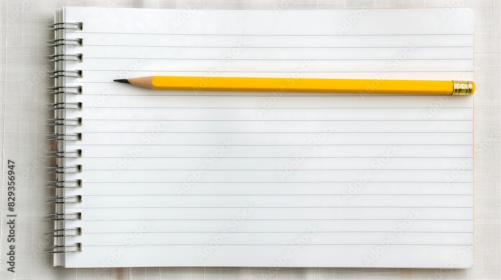A single yellow pencil resting diagonally on an open spiral notebook with blank pages. The scene is minimalist, with a focus on the pencil and the notebook, perfect for conveying themes of education A single yellow pencil resting diagonally on an open spiral notebook with blank pages. The scene is minimalist, with a focus on the pencil and the notebook, perfect for conveying themes of education