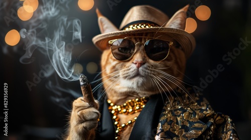 Cat wearing sunglasses, smoking a cigar, and a gold necklace The cat wore a black hoodie and had a gold chain around her neck. The background is also black.