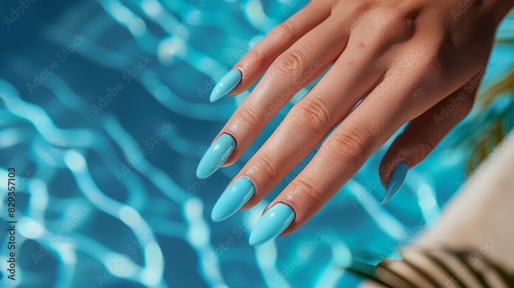 Fototapeta premium beautiful women's manicure against the backdrop of the pool