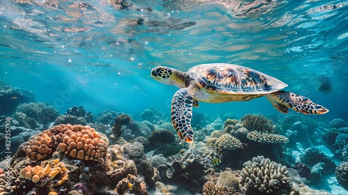 Hawksbill Turtle - Eretmochelys imbricata floats under water. Maldives Indian Ocean coral reef photo