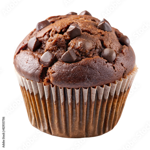 A chocolate cupcake with chocolate chips and frosting on transparent background