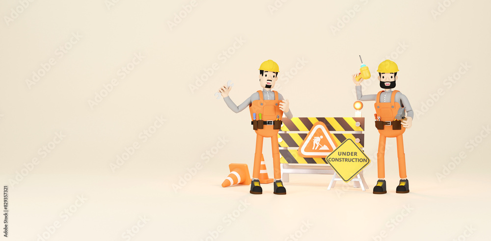Worker cartoon character with under construction and symbol worker hold stop or road sign.3D rendering Worker cartoon character with under construction and symbol worker hold stop or road sign.3D rendering