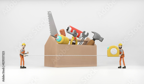 Worker cartoon character with set of toolbox with instruments inside with tool chest and hand tools.3D rendering