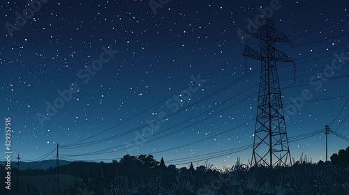 Electric transmission tower in the starry night sky. Energy infrastructure concept.