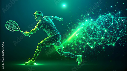 Abstract Digital Tennis Player Mid-Swing Against Vibrant Green Background. Perfect for: International Tennis Day, National Sports Day, World Tennis Month. © TingYi
