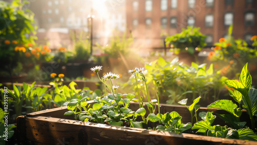 Sunlit urban garden on a rooftop with blooming flowers and vegetables, showcasing city sustainability and nature integration.
