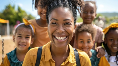 Happy kids and teacher at school 