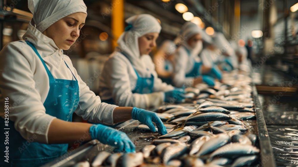 A group of workers in hygienic gear meticulously process fish on a production line in a facility A group of workers in hygienic gear meticulously process fish on a production line in a facility