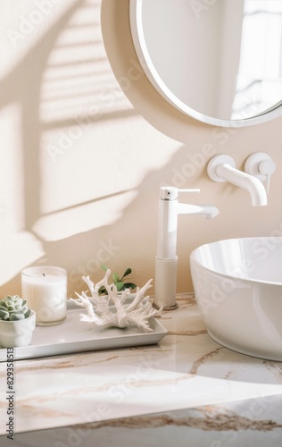 A stylish bathroom vanity setup featuring a basin with a modern faucet and natural decorative elements