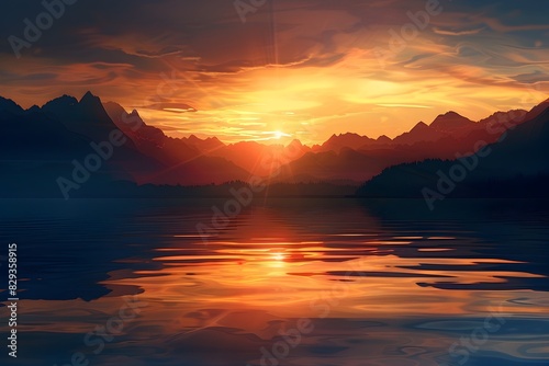 Mesmerizing Sunset Reflection over Tranquil Alpine Lake with Majestic Mountain Silhouettes