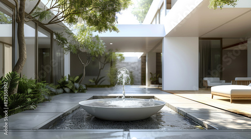 House with Small courtyard, simple modern, white, water fountain. Generative AI.