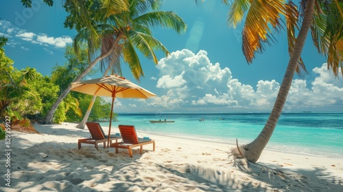 A beautiful beach background for a summer trip. Bright sun, palm tree and beach chairs on the sand against a beautiful blue sea and blue sky. photo