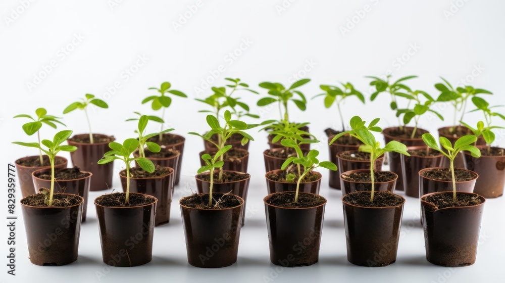 vibrant green seedlings sprouting from various containers against white backdrop. vibrant green seedlings sprouting from various containers against white backdrop.