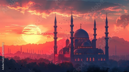 Traditional Islamic scenery with a mosque and sunset lighting, celebrating the Feast of Sacrifice, highlighted in raw style for a rich visual effect