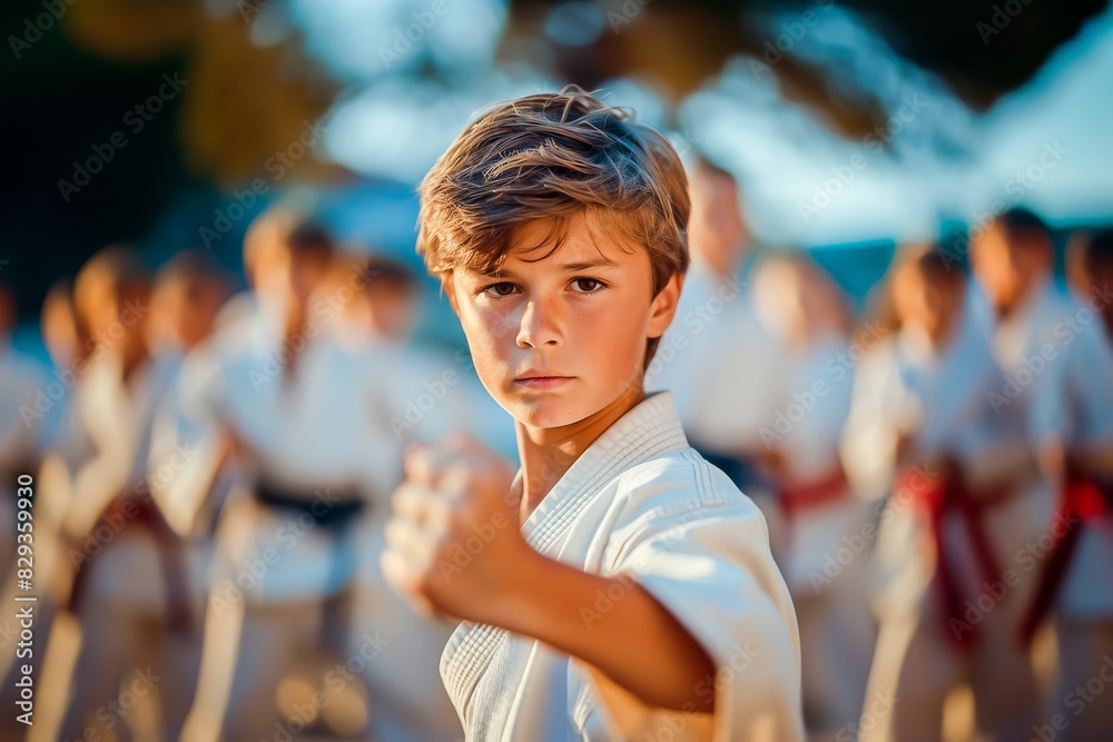 Fototapeta premium Young boy in a white karate uniform focusing during an outdoor martial arts class with other students in the background.