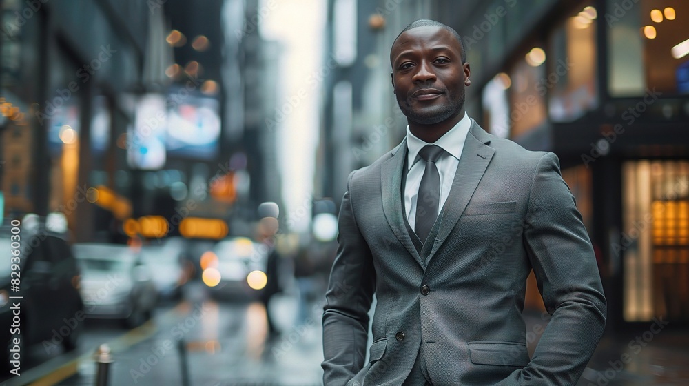 African businessman, impeccably dressed in a timeless gray suit, his smile reflecting his integrity and professionalism African businessman, impeccably dressed in a timeless gray suit, his smile reflecting his integrity and professionalism