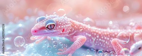 Levitating gecko surrounded with floating salmon pieces on a pastel color background photo