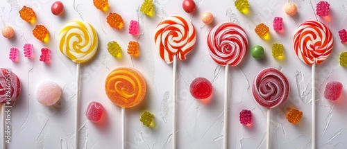 Top-down image of bright lollipops, diverse gummy jellies, and candies, isolated with studio lighting for a vivid display photo