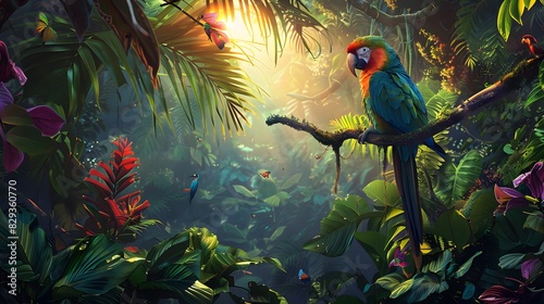 Colorful Parrot Perched on Jungle Branch © kiattisak