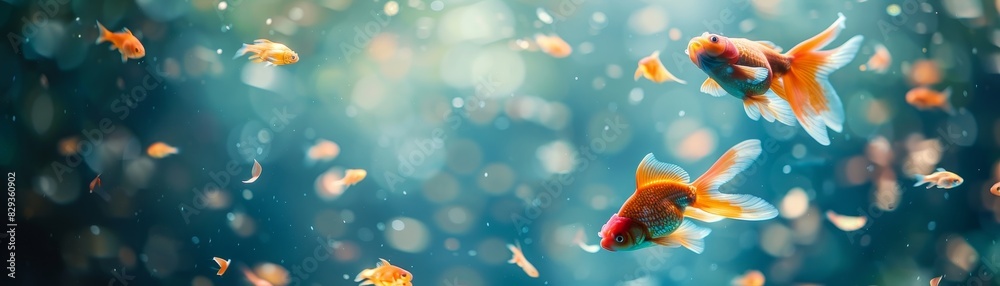 Levitating goldfish surrounded by floating slices of orange on a pastel color background
