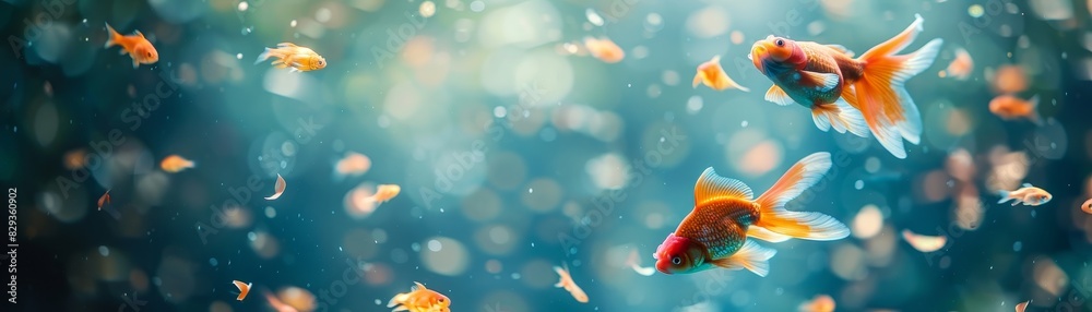 Levitating goldfish surrounded by floating slices of orange on a pastel color background Levitating goldfish surrounded by floating slices of orange on a pastel color background