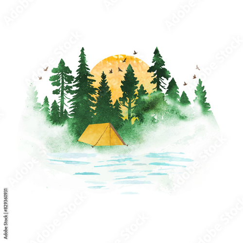 Vector landscape with coniferous forest, tent, sun and birds isolated on white background. Morning haze in the forest. Watercolor nature illustration. All elements are individual objects