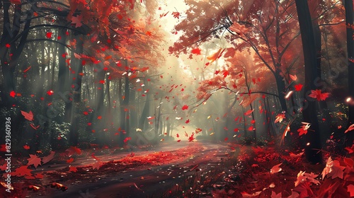 Autumn forest with red leaves falling, beautiful autumn landscape background, fantasy digital art concept. Autumn park with trees and road in the woods. Scenic autumn scene. High resolution. photo