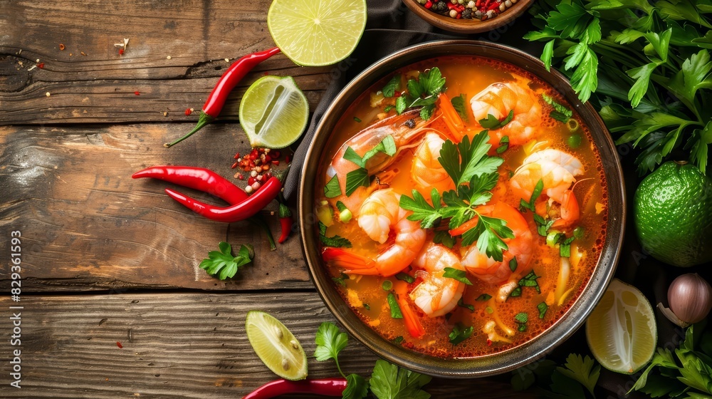A bowl of Thai Tom Yum soup with shrimp, lime, and herbs on a rustic wooden table Closeup A bowl of Thai Tom Yum soup with shrimp, lime, and herbs on a rustic wooden table Closeup