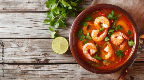 A bowl of Thai Tom Yum soup with shrimp, lime, and herbs on a rustic wooden table Closeup photo