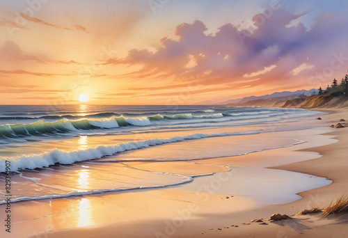 Serene beach painting with waves crashing at sunset, capturing the tranquility and beauty of nature