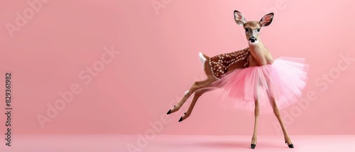 A deer in a ballet tutu, performing a pirouette, on a solid pink background with copy space