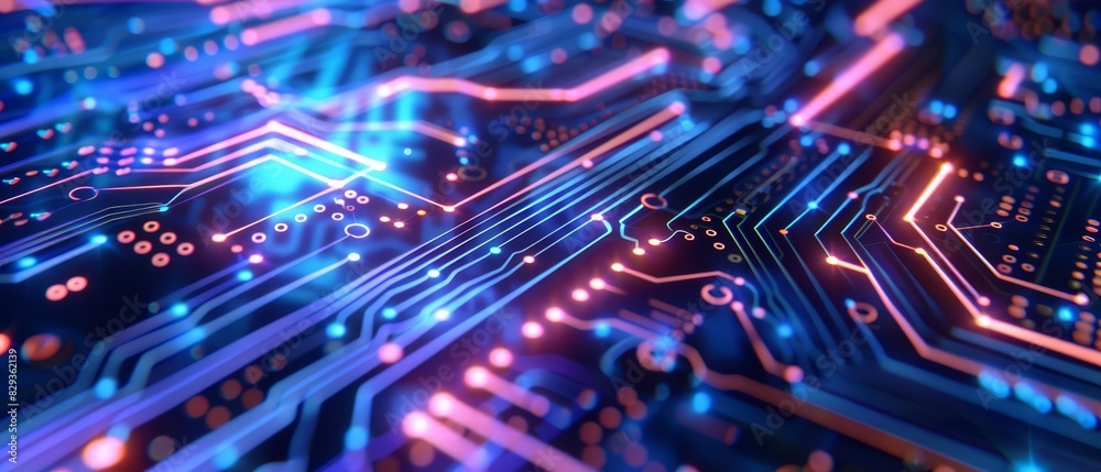 A digital circuit board design with intricate lines and binary code on a blue background Closeup A digital circuit board design with intricate lines and binary code on a blue background Closeup